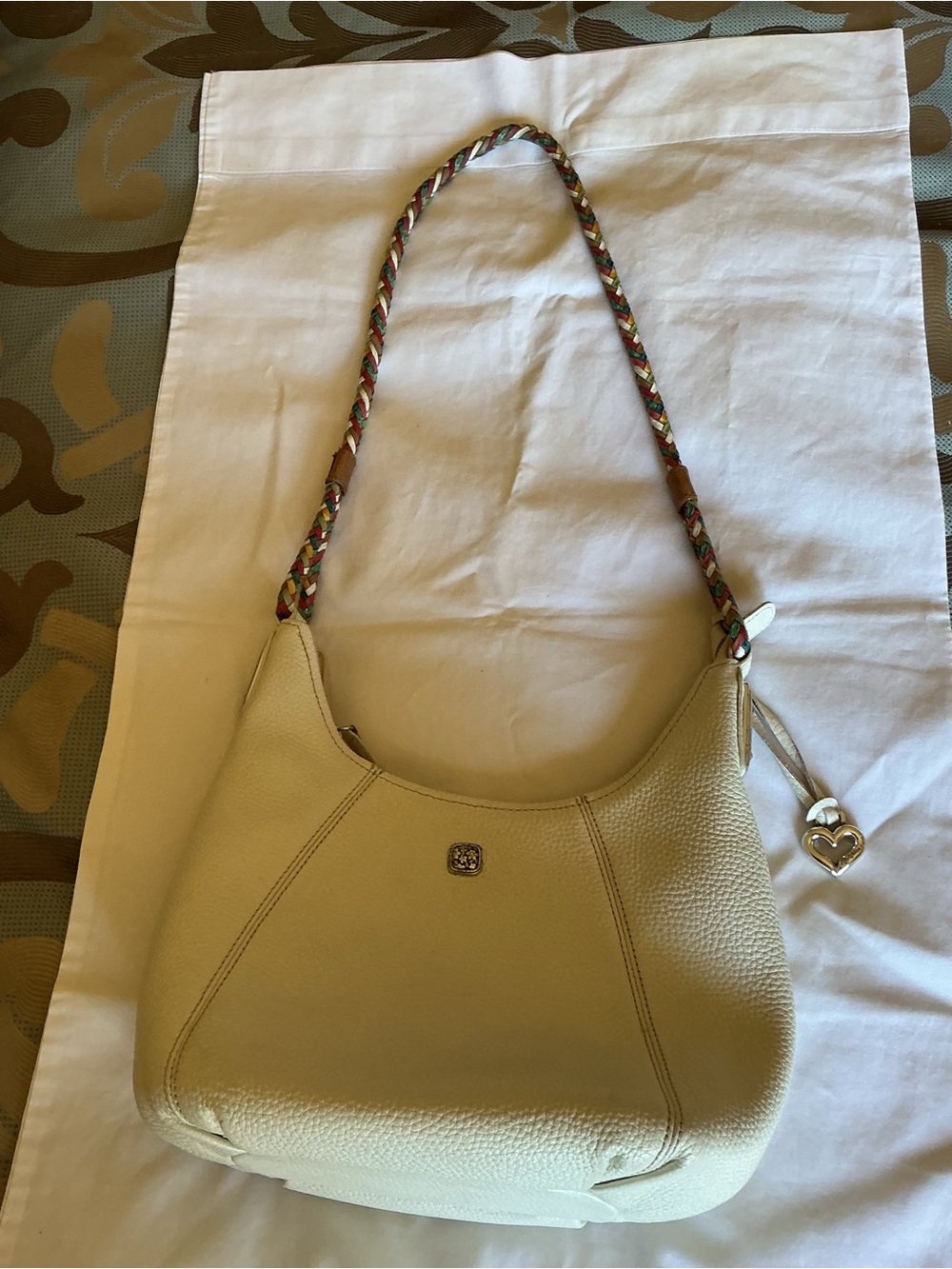 Brighton Cream Pebbled Leather Shoulder Bag with mulit color Braided Strap